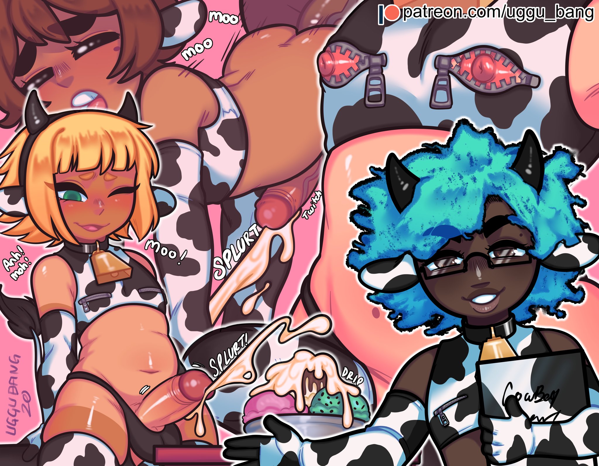 2020, anal, anal sex, animal ears, balls, balls in panties, blonde hair, blue hair, blush, brown eyes, brown hair, chubby, collar, cow accoutrements, cow bikini, cow costume, cow ears, cow horns, cow print, cow print armwear, cow print bikini, cow print gloves, cow print legwear, cow print stockings, cow print thighhighs, cow tail, cowbell, cum, dark skin, dark-skinned femboy, dark-skinned male, ejaculation, exposed nipples, femboy, girly, glasses, green eyes, male, male only, midriff, multiple boys, multiple males, penetration, penis, tanline, trap, uggu bang, yaoi, zipper