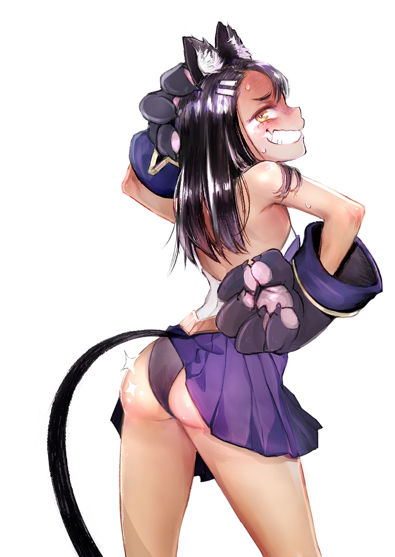 1girls, animal ears, ass, black hair, blush, brown eyes, cat ears, clothed, clothing, female, female focus, female only, ghettoyouth, hayase nagatoro, hi res, long hair, looking at viewer, looking back, pinup, please don't bully me, nagatoro, pose, posing, revealing clothes, simple background, small ass, smile, solo, tail
