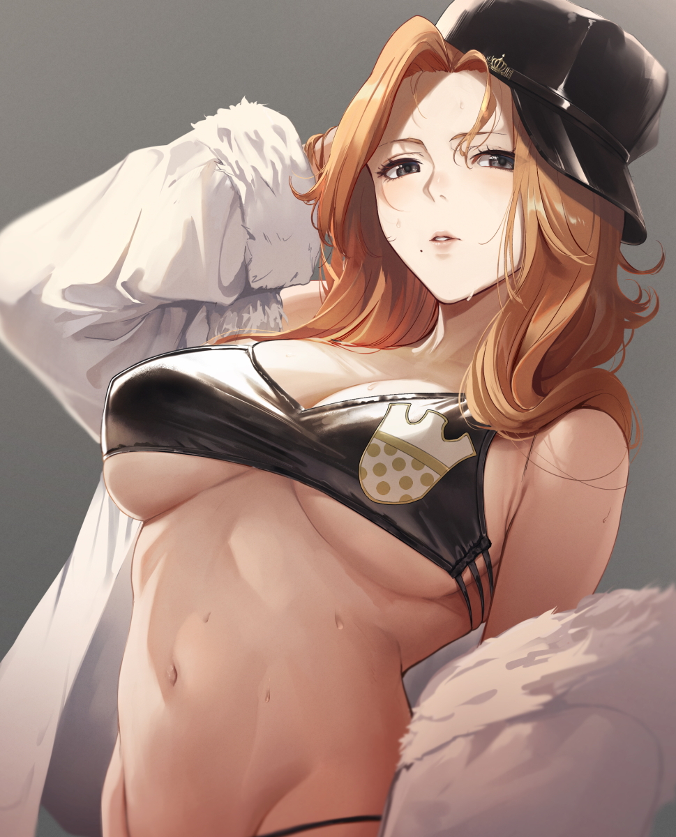 1girls, bare shoulders, bleach, blue eyes, blush, breasts, cleavage, collarbone, female, female only, fur, grey background, hat, headwear, jacket, large breasts, long hair, looking at viewer, matsumoto rangiku, mole, mole under mouth, navel, off shoulder, open clothes, open jacket, orange hair, parted lips, sola (artist), solo, sweat, sweatdrop