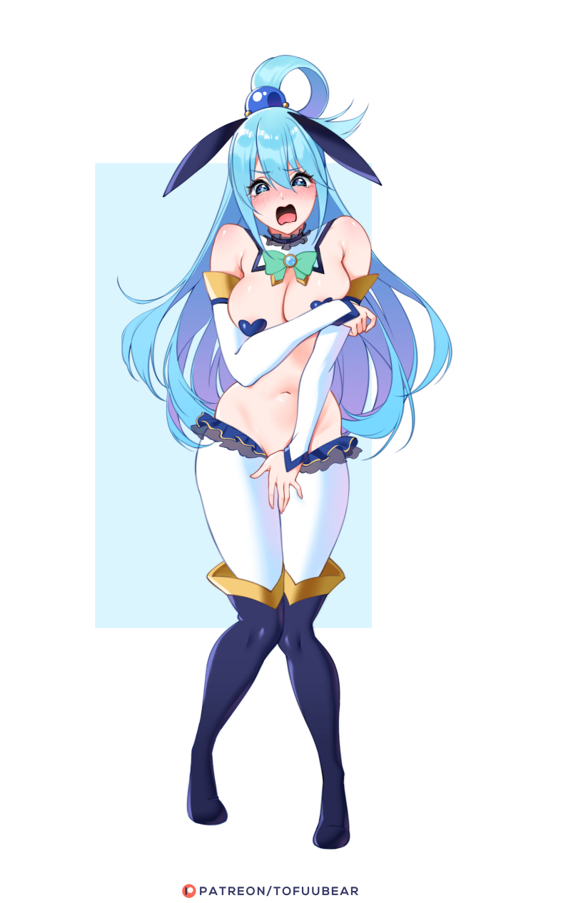 1girls, aqua (konosuba), big breasts, blush, breasts, bunny ears, bunny girl, bunnysuit, cleavage, female, female only, kono subarashii sekai ni shukufuku wo!, large breasts, looking at viewer, open mouth, solo, tofuubear