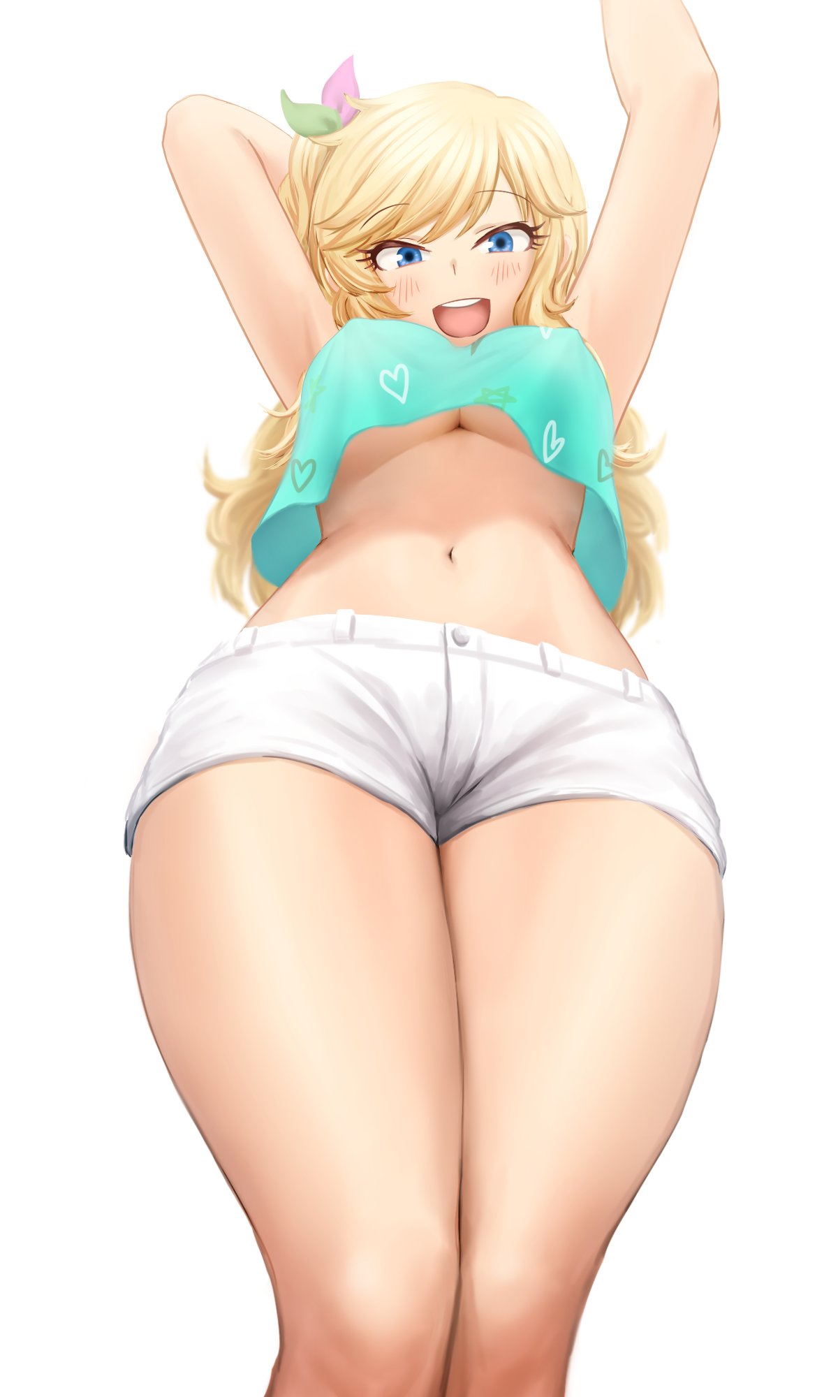 :d, 1girls, arms up, bare legs, blonde hair, blue eyes, blush, breasts, crop top, eyebrows visible through hair, female, female only, from below, gyaru, happy, highres, idolmaster, idolmaster cinderella girls, kogal, large breasts, long hair, looking at viewer, looking down, midriff, navel, no bra, ohtsuki yui, open mouth, scrunchie, short shorts, shorts, simple background, smile, solo, thick thighs, thighs, underboob, upshirt, wide hips