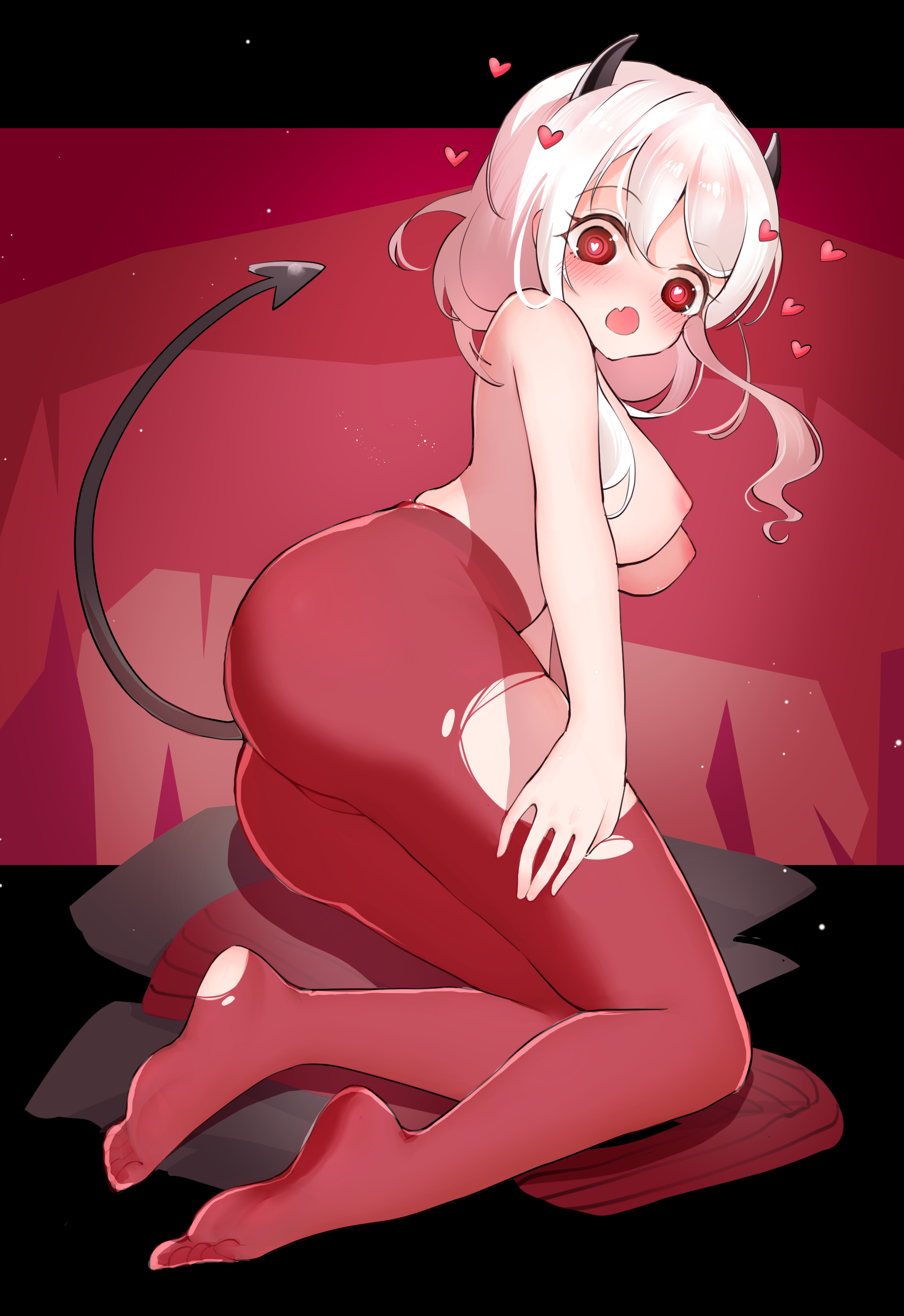 ass, breasts, clothing, feet, female, heart, heart-shaped pupils, helltaker, kneeling, looking at viewer, massive ass, modeus (helltaker), nipples, open mouth, straight hair, topless, white hair