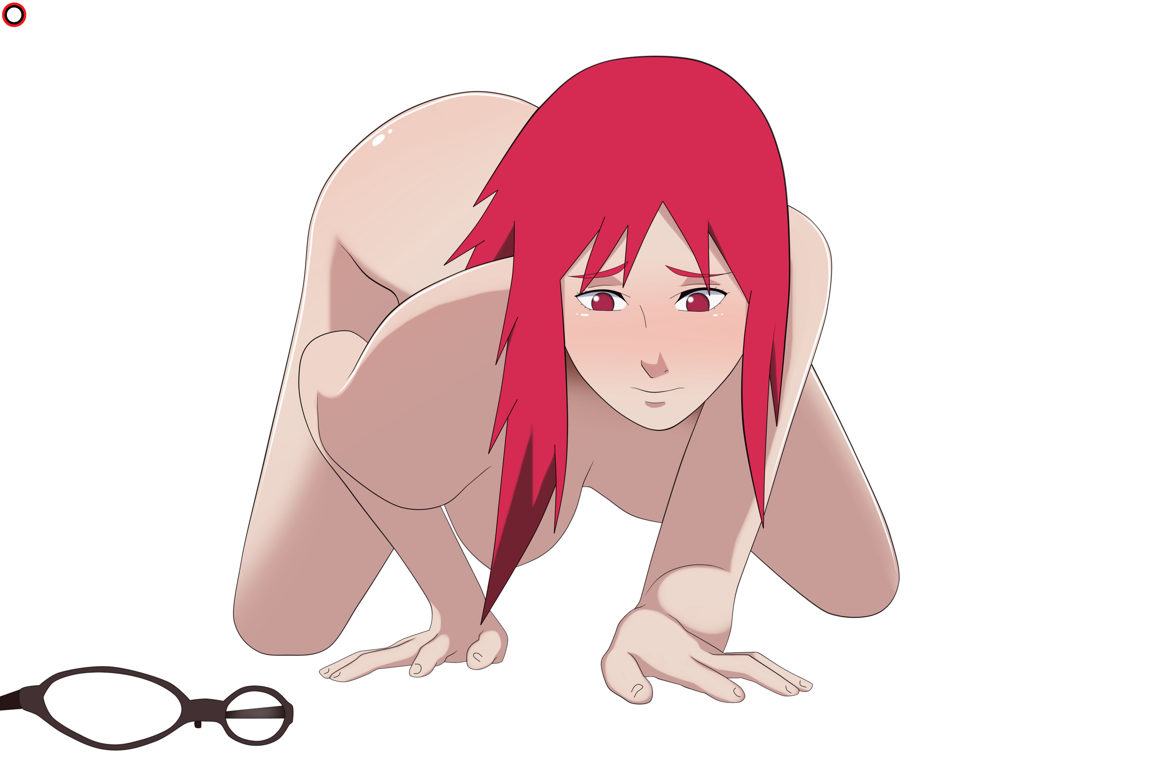 1girls, all fours, ass, bent over, blush, breasts, cristalmanor, cute, female, female only, glasses, glasses removed, long hair, naruto, naruto (series), naruto shippuden, nude, red eyes, red hair, searching, simple background, uzumaki karin, white background
