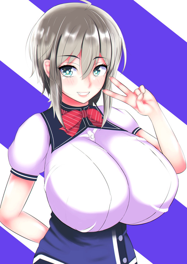 1girl 1girls belka belka_valentina big_breasts blue_eyes cute happy honoo_no_haramase_oppai_ero_appli_gakuen huge_breasts nantene school_uniform schoolgirl short_hair smile smiling thin_waist white_hair