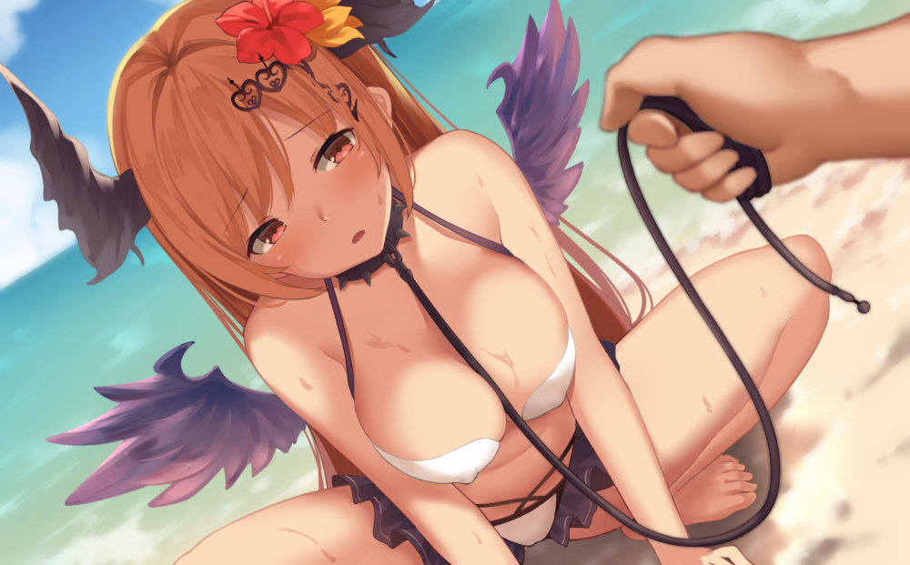 1girls beach big_breasts blonde_hair collar female femsub granblue_fantasy horns leash long_hair male orange_eyes petplay spiked_collar suzuame_yatsumi swimsuit wings