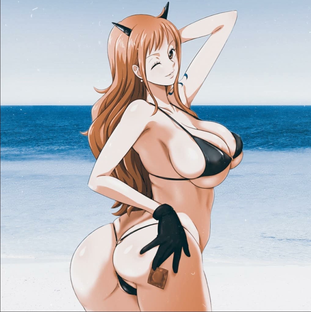 1girls, arm tattoo, ass, beach, beast pirates, beast pirates (cosplay), big ass, big breasts, big butt, bikini, black eyes, black horns, black lingerie, black panties, blue tattoo, breasts, brown hair, condom, female, female only, heels, horns, huge breasts, human, human only, lips, long hair, looking at viewer, minpei ichigo, nami (one piece), ocean, one eye closed, one piece, orange hair, orange-haired female, sand, solo, solo female, tagme, tattoo, thick thighs, thighhighs, wano country, water, wink, winking