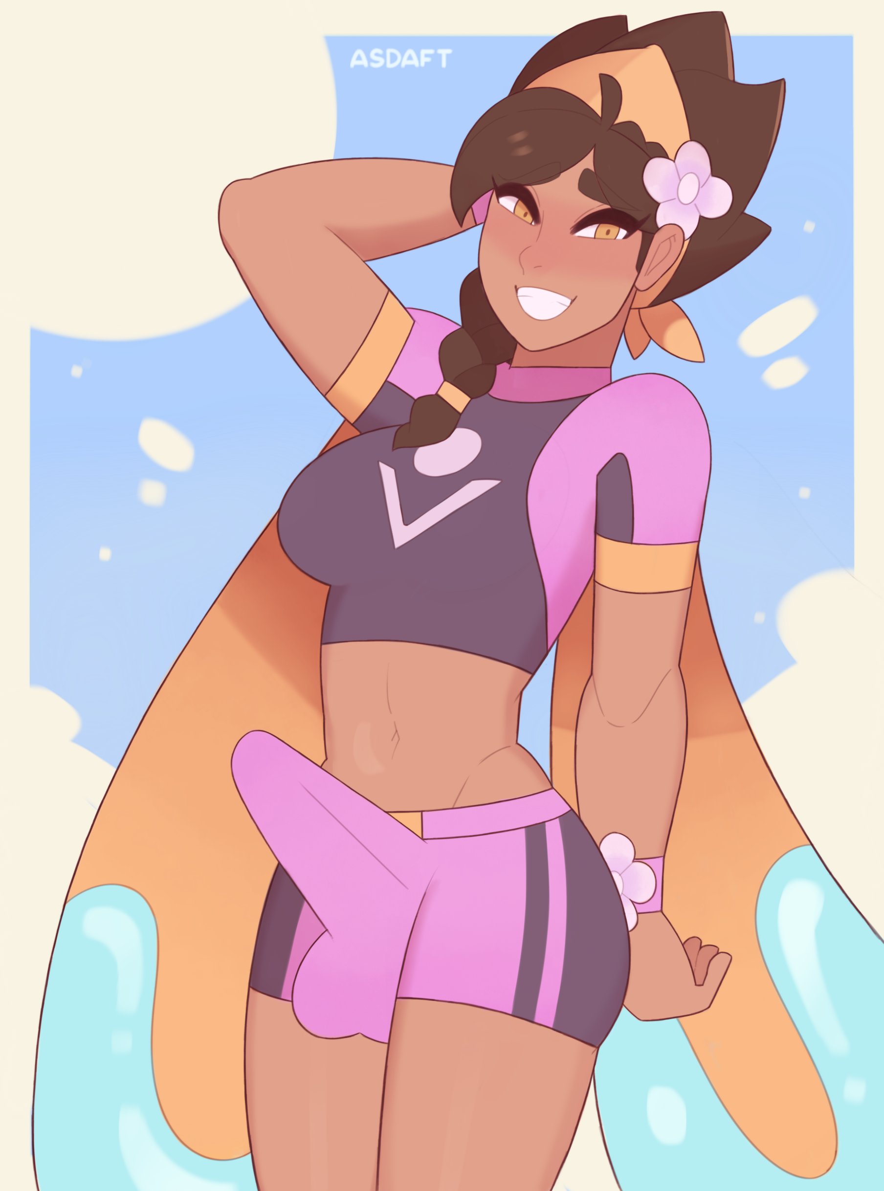 1futa, asdaft, beach, breasts, brown eyes, brown hair, cameltail, dark skin, dark-skinned female, erection, erection under clothes, female, full-package futa, futa only, futanari, hard on, intersex, league of legends, pool party series, pool party taliyah, shorts, solo, swimsuit, swimwear, taliyah, wetsuit