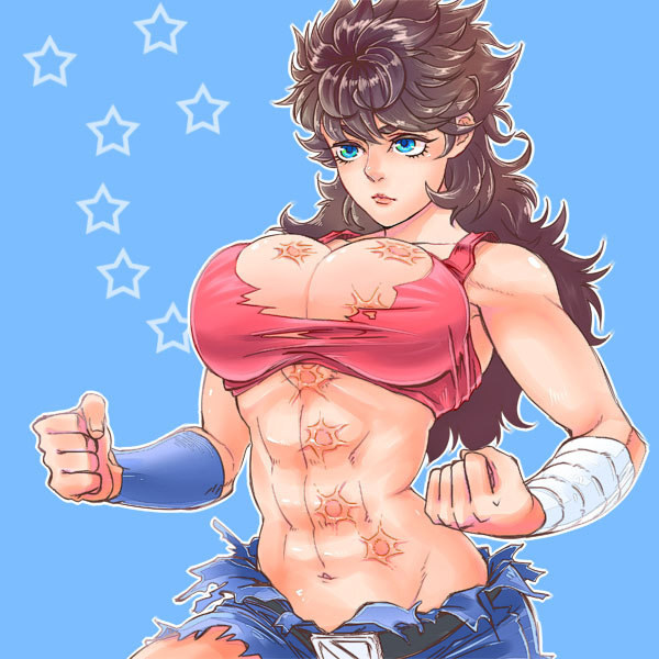 1girls 2012 black_hair breasts denim female hokuto_no_ken human jobiko kenshiro large_breasts light-skinned_female light_skin long_hair muscular_female ripped_clothing rule_63 shorts shounen_jump solo