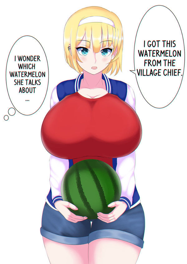 2020 2020s big_breasts blonde_hair blue_eyes blue_shorts denim_shorts fruit headband huge_breasts jean_shorts legs melon nantene open_mouth short_hair shorts text thigh tomboy watermelon white_background