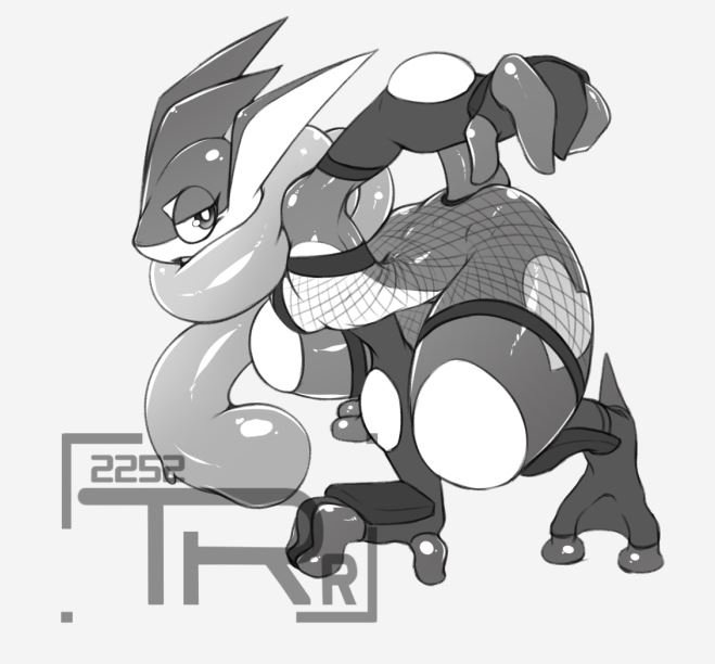 action_pose ambiguous_gender amphibian anthro big_ass fishnet greninja monochrome pokémon_(species) pokemon pokemon_(species) tagme tearedrex wide_hips