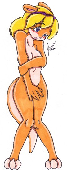 anthro breasts covering female female_only front_view jak_and_daxter nude orange_fur solo standing tess_(jak_and_daxter) tess_(ottsel;_jak_and_daxter)