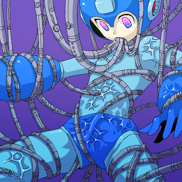 binary blue_eyes bondage capcom color corruption drooling helmet male male_only mechanical_tentacle mega_man mega_man(classic) mega_man_(character) mind_control oral pixel robot rock saliva simple_background solo tentacle tentacle_on_male wires