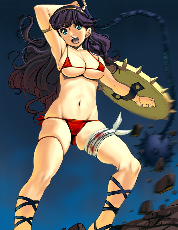 athena_(series) athena_asamiya attacking_viewer ball_and_chain bikini blood blue_eyes breasts cleavage curvy flail hairband king_of_fighters long_hair masao micro_bikini morning_star princess_athena purple_hair shield side-tie_bikini snk swimsuit weapon