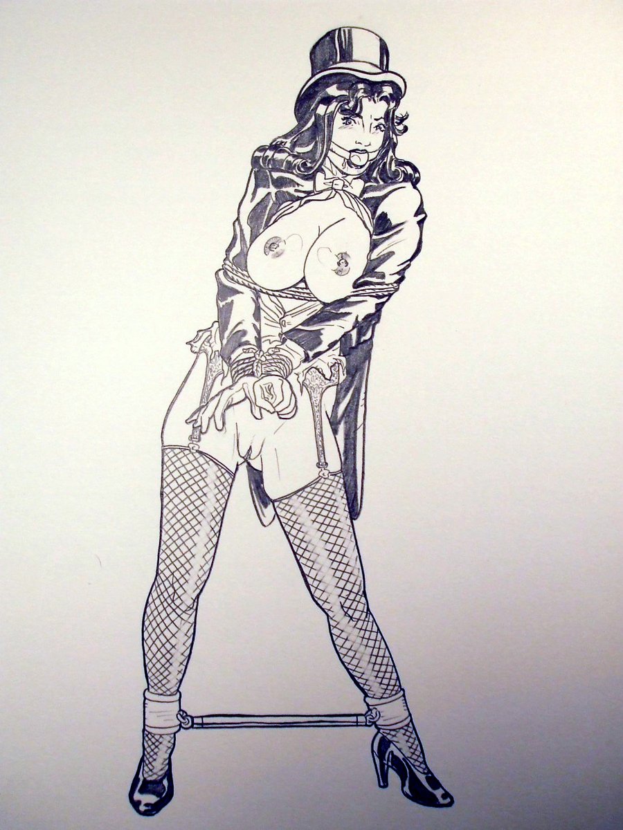 black_and_white bottomless dc female fishnets frelncer high_heels monochrome pussy solo spreader_bar straight_hair tagme tailcoat zatanna