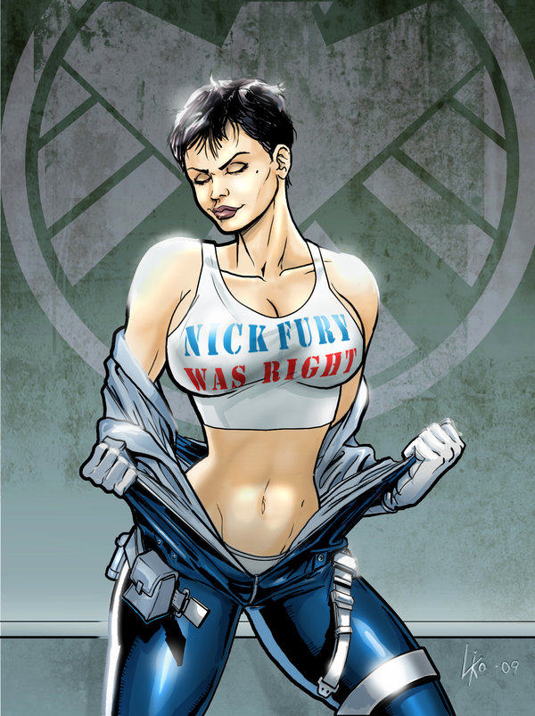 1girls 2009 avengers big_breasts black_hair breasts civil_war female female_only front_view human human_only maria_hill marvel marvel_comics pale_skin s.h.i.e.l.d. shirt short_hair solo standing straight_hair tagme undressing