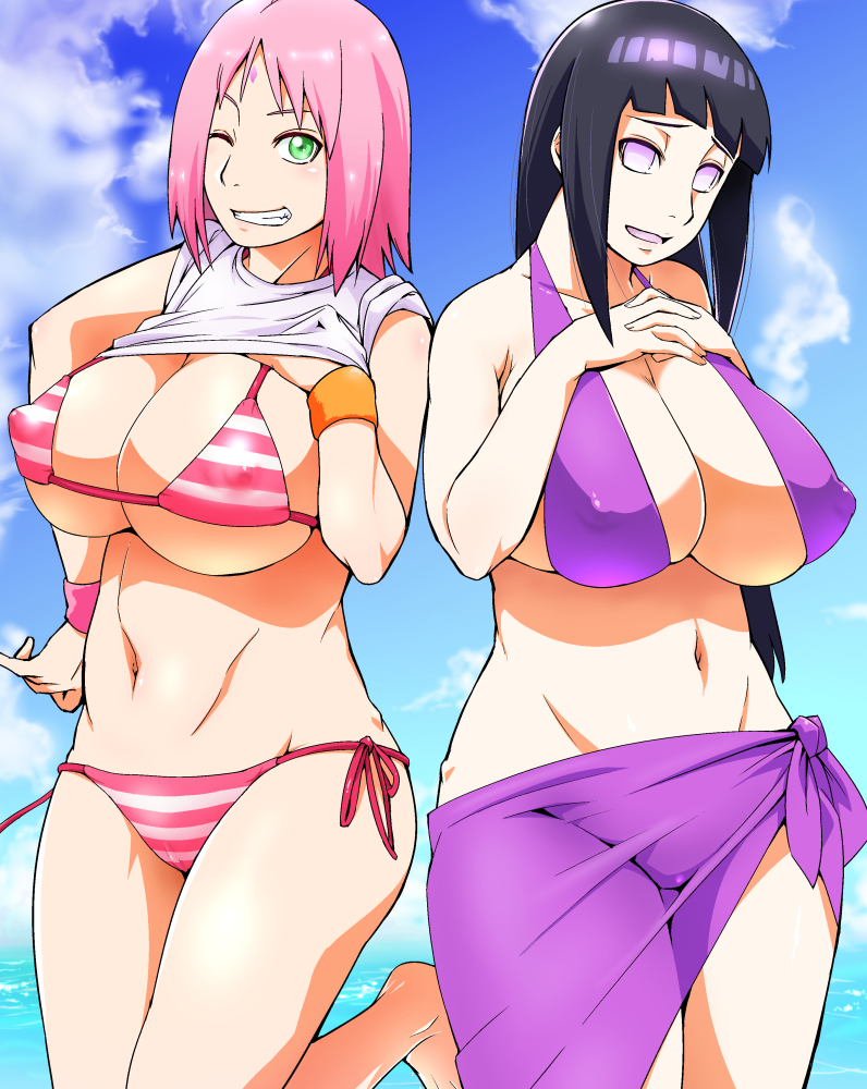 2girls, adult swim, alternate breast size, big breasts, bikini, blue hair, breasts, daytime, female, female only, green eyes, haruno sakura, hourglass figure, huge breasts, hyuuga hinata, large breasts, lavender eyes, naruto, naruto (series), naruto shippuden, nipples, nipples visible through clothing, pink hair, sakura haruno, sunahara wataru, swimsuit, toonami