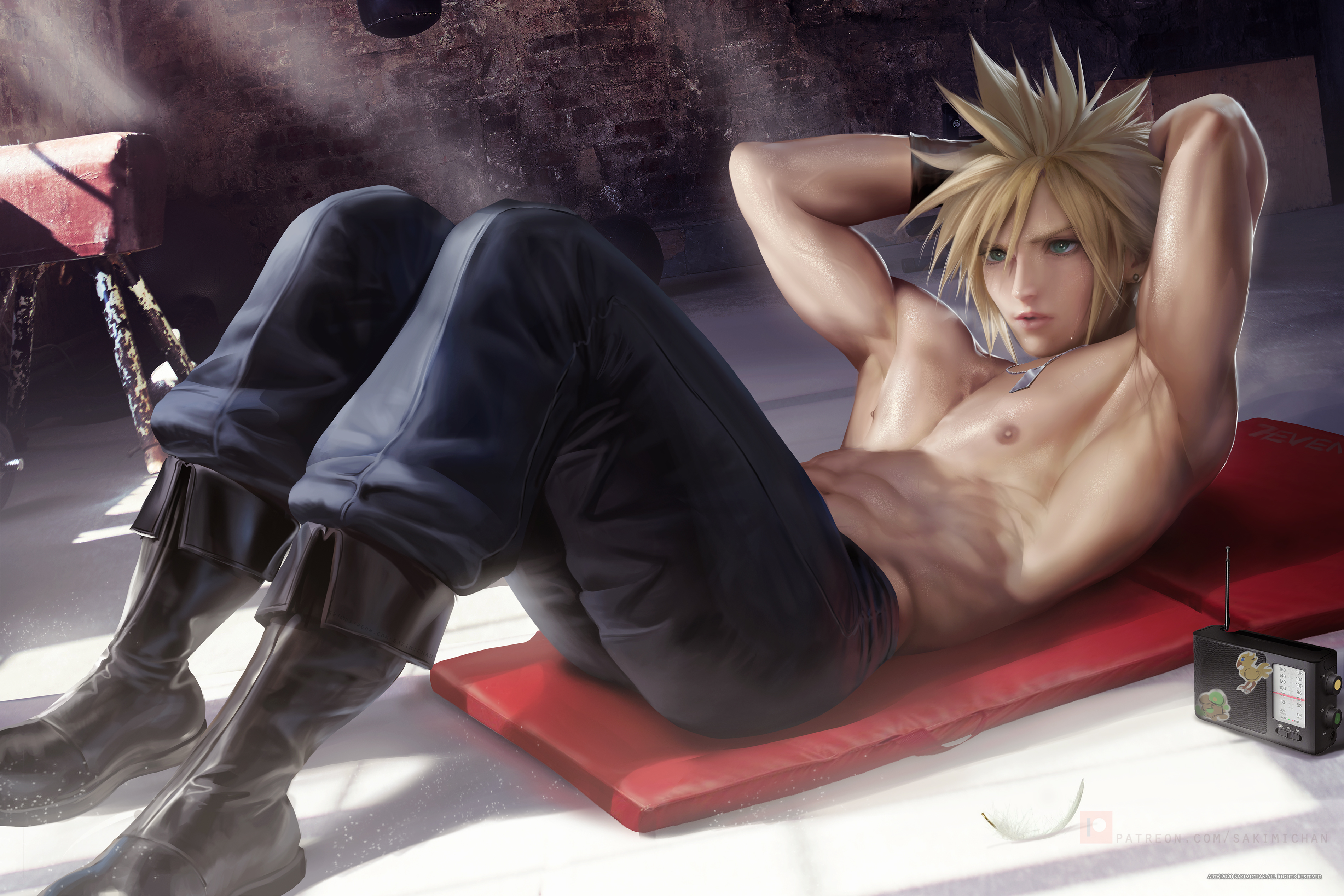 blonde hair, chocobo, cloud strife, final fantasy, final fantasy vii, green eyes, male, male focus, male only, pinup, radio, sakimichan, shirtless, solo, solo focus