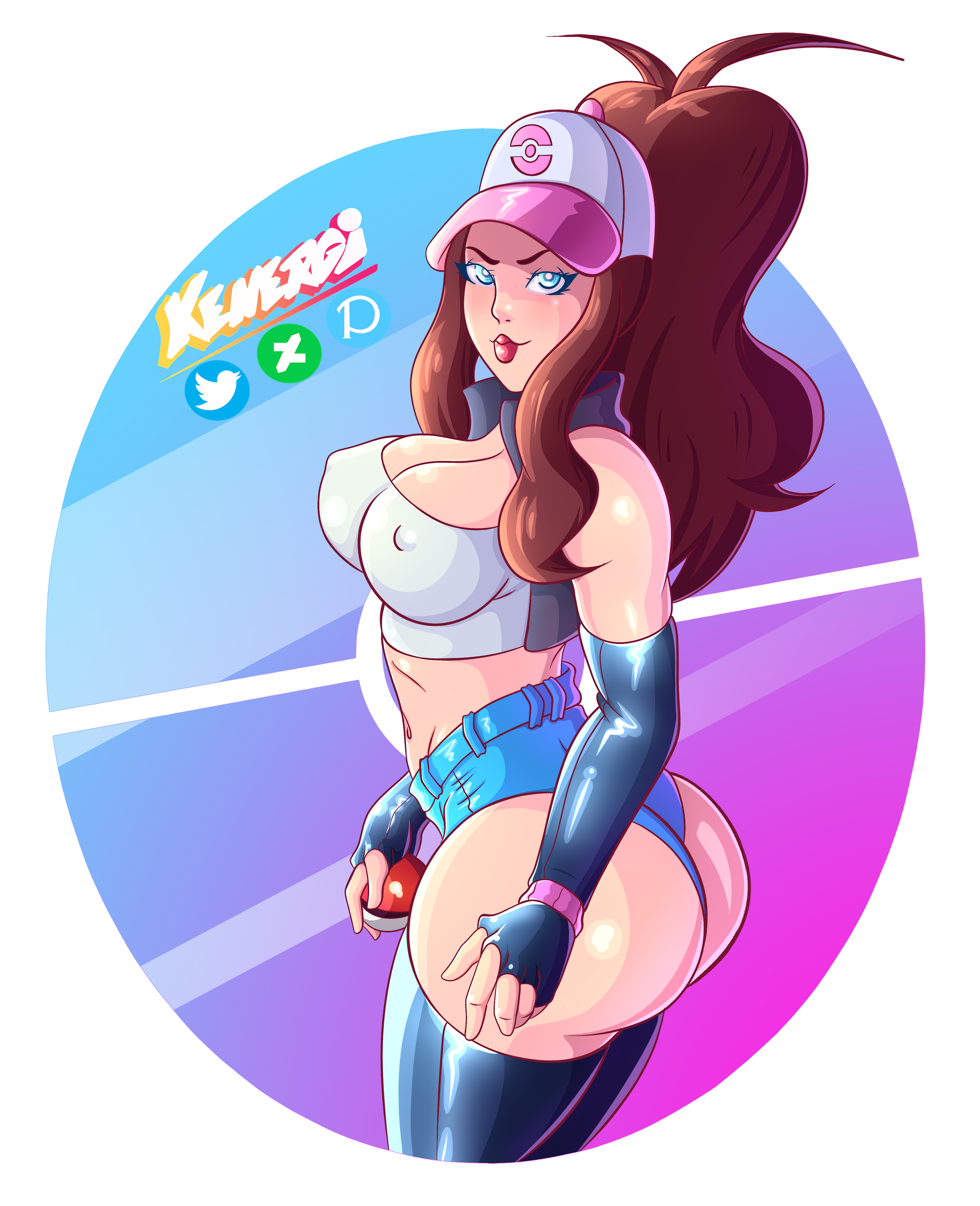1girls, ass, ass hanging out, ass hanging out of shorts, big ass, big breasts, bimbo, blue eyes, breasts, brown hair, female, gloves, hat, hilda (pokemon), human, kenergi, large breasts, light skin, light-skinned female, lipstick, minishorts, nintendo, pale skin, pale-skinned female, pokeball, pokemon, pokemon bw, ponytail, shorts, tank top, text, white background