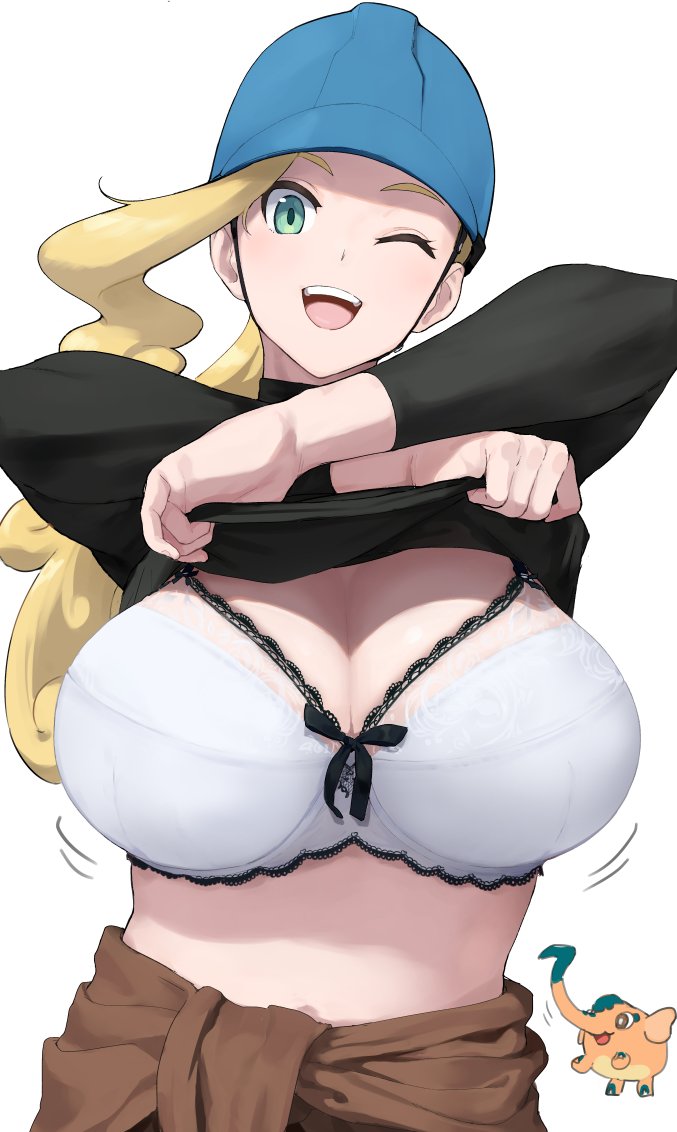 1girls accio big_breasts black_sweater blonde_hair blue_headwear bra breasts cleavage cufant elephant female female_focus green_eyes happy hardhat helmet huge_breasts human large_breasts lifted_by_self long_hair long_sleeves nintendo npc_trainer one_eye_closed open_mouth pokemon pokemon_(species) pokemon_ss shirt_lift simple_background smile solo_focus sweater turtleneck upper_body white_background white_bra wink worker_(pokemon) worker_(pokemon_ss)