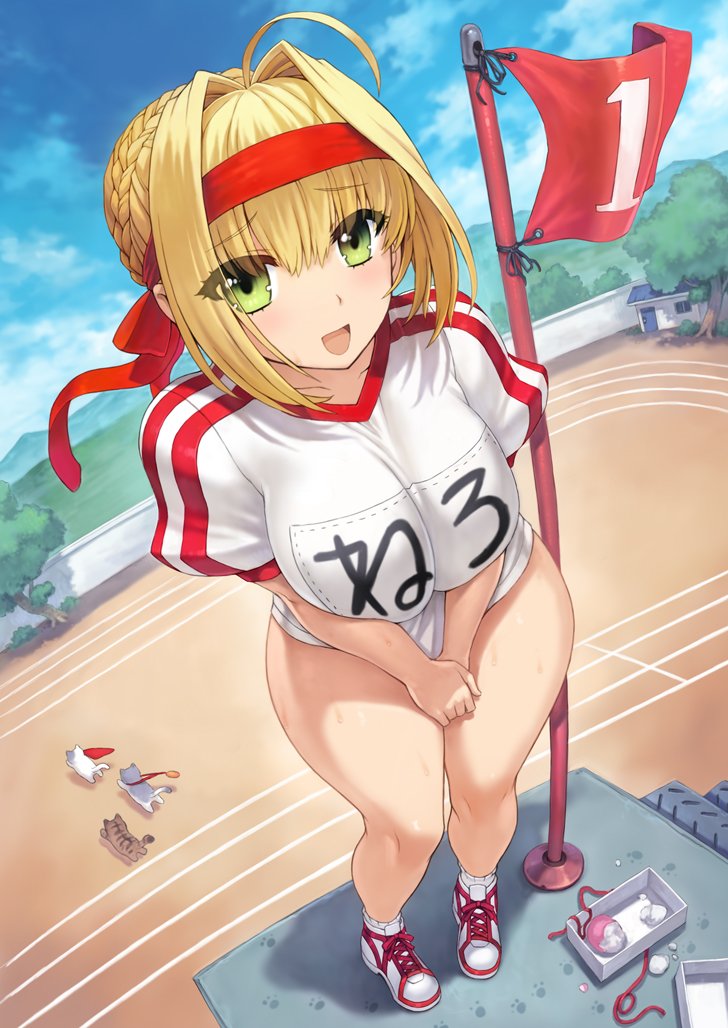 big breasts, blonde hair, bottomless, breasts, fate (series), female, nero claudius (fate), nero claudius (olympian bloomers), shirt