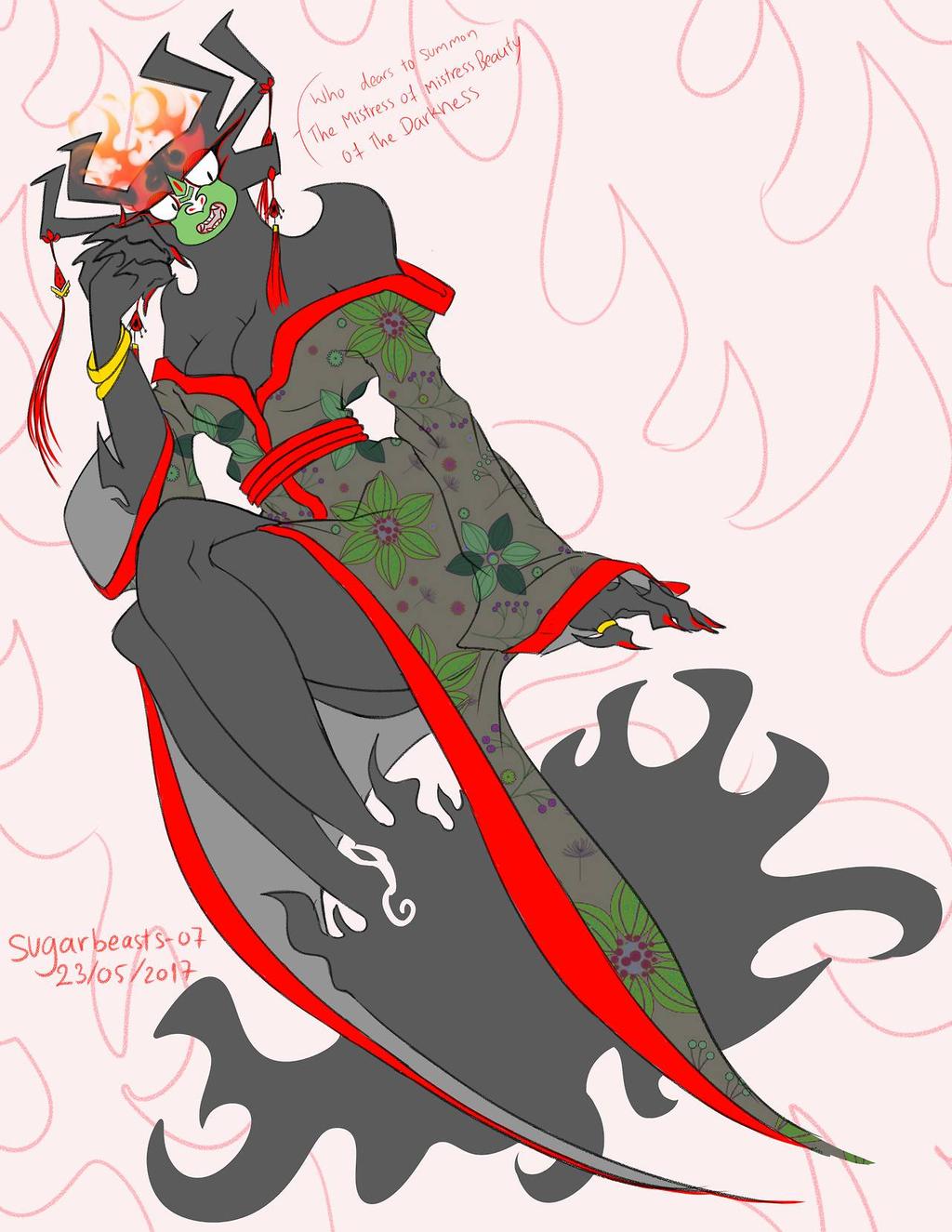 aku black_body breasts claws clothed clothing detailed_background dialogue fangs female fire genderswap green_body hi_res humanoid jewelry multicolored_body open_mouth ring rule_63 samurai_jack simple_background solo sugarbeasts-07 thumb_ring two_tone_body vipery-07 white_background