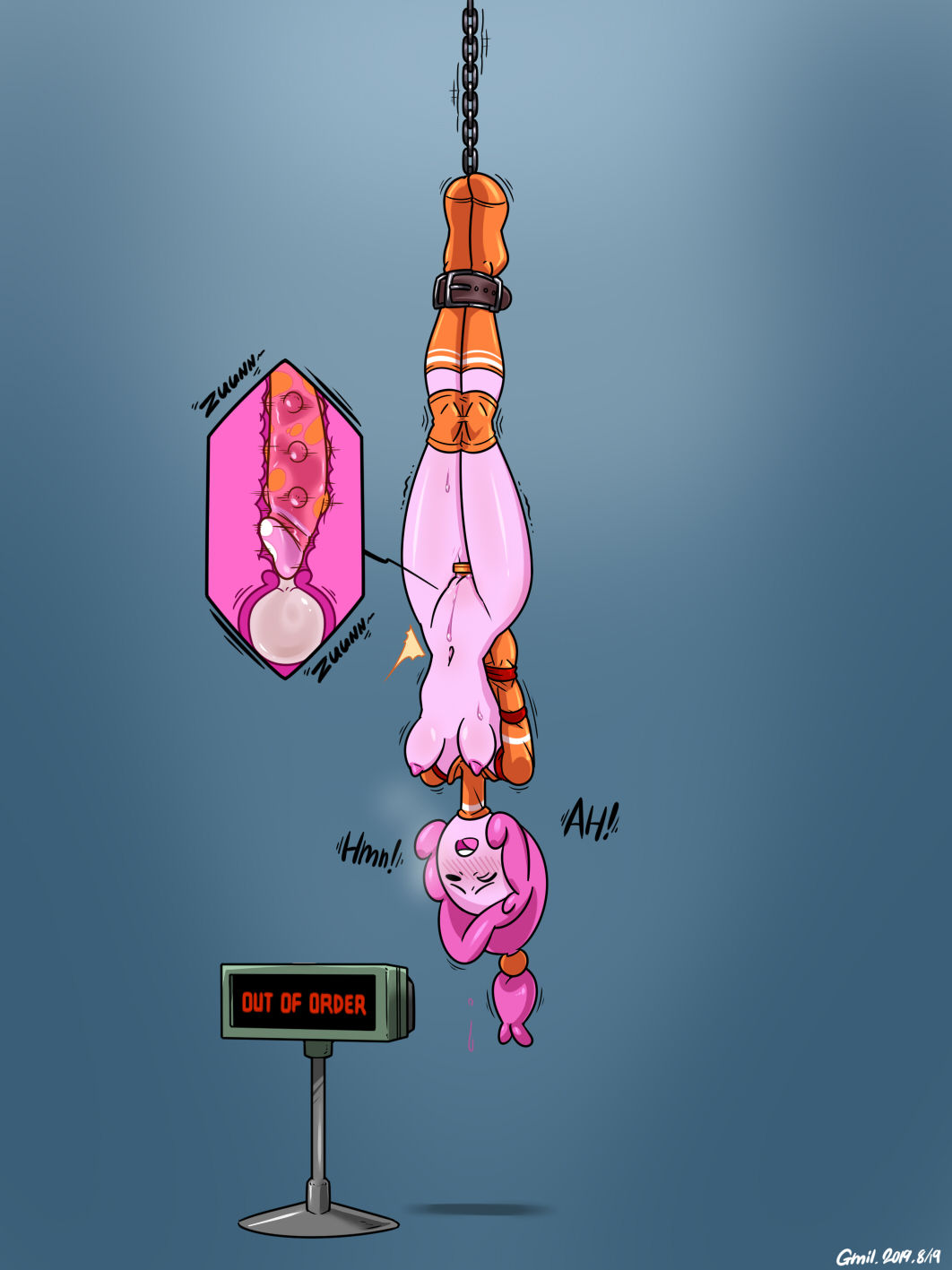 adventure_time blush bondage bound chains collar cum_in_pussy cum_in_uterus cum_plugged dildo female female_only femsub gmil posture_collar princess_bubblegum sex_toy trembling