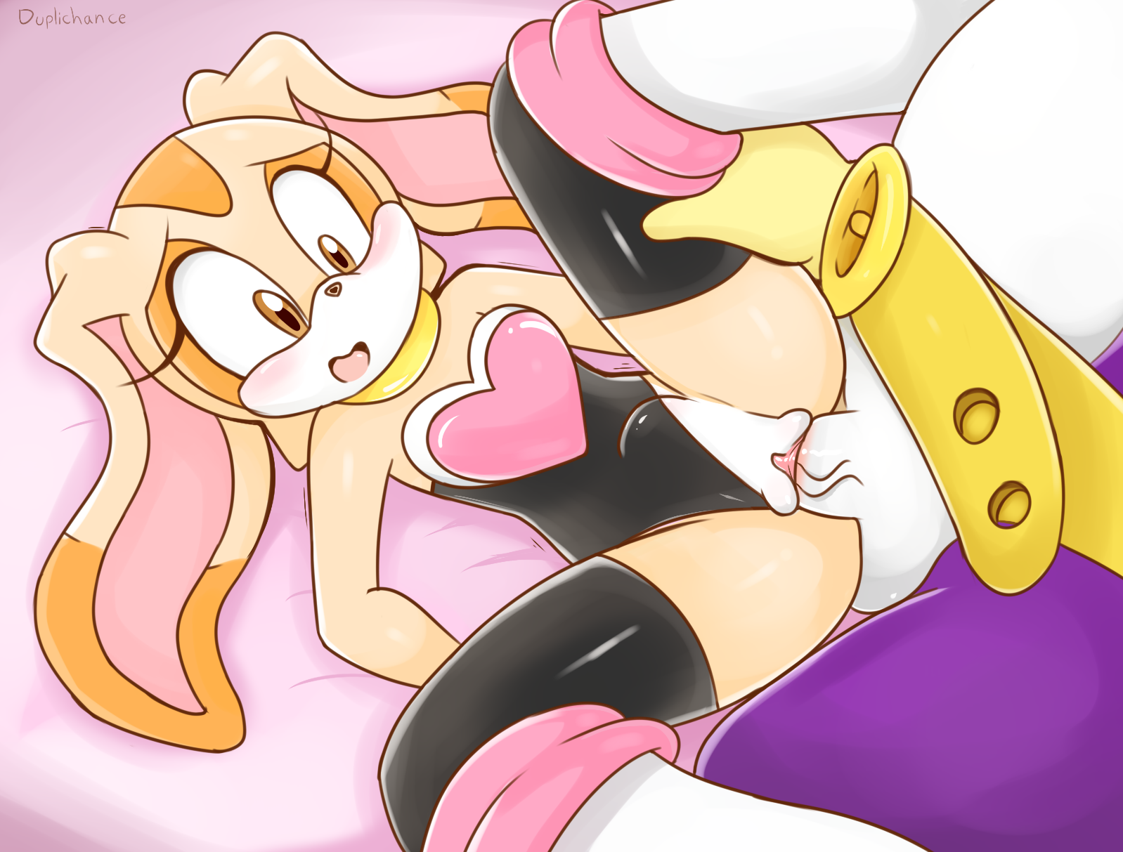 1boy, 1girls, belt, big the cat, black legwear, black thighhighs, blush, brown eyes, bulge, clothing, cream the rabbit, duplichance, female, furry, interspecies, legs spread, leotard, leotard aside, male, male/female, nervous, on back, open mouth, penetration, penis, pussy, rouge the bat (cosplay), sex, size difference, sonic (series), spread legs, stomach bulge, straight, thighhighs, vaginal penetration