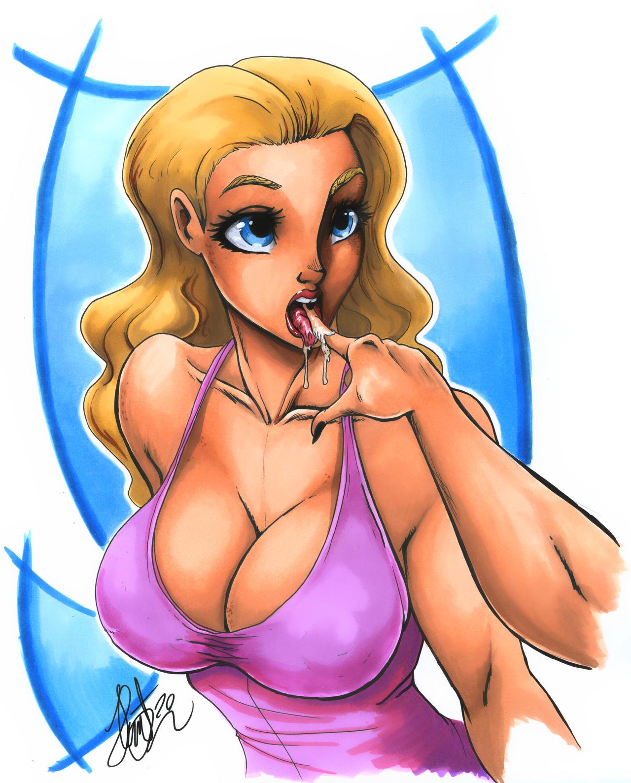 2girls blonde_hair blue_eyes bust busty cleavage clothing disney eyelashes female female_focus female_only finger fingers henrik-drake hhammerh kim_possible large_breasts long_hair mouth multiple_girls nails offscreen_character open_mouth rsahnp signature tara_(kim_possible) tongue tongue_out voluptuous watermark