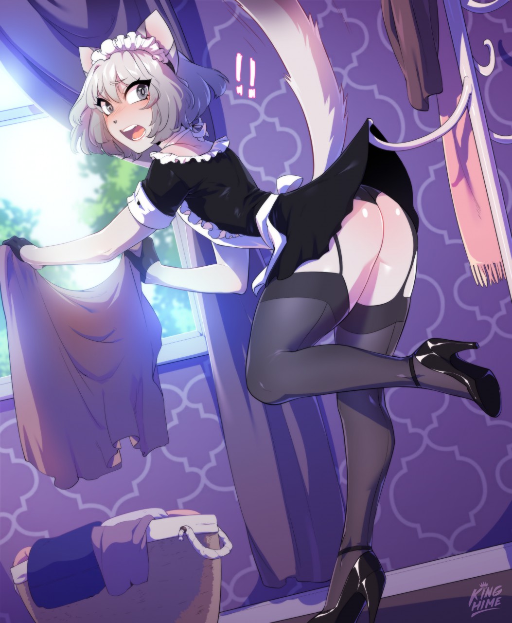 1boy, animal ears, ass, enjoipandas, femboy, girly, high heels, maid, maid uniform, male, male only, open mouth, solo, stockings, surprised, trap