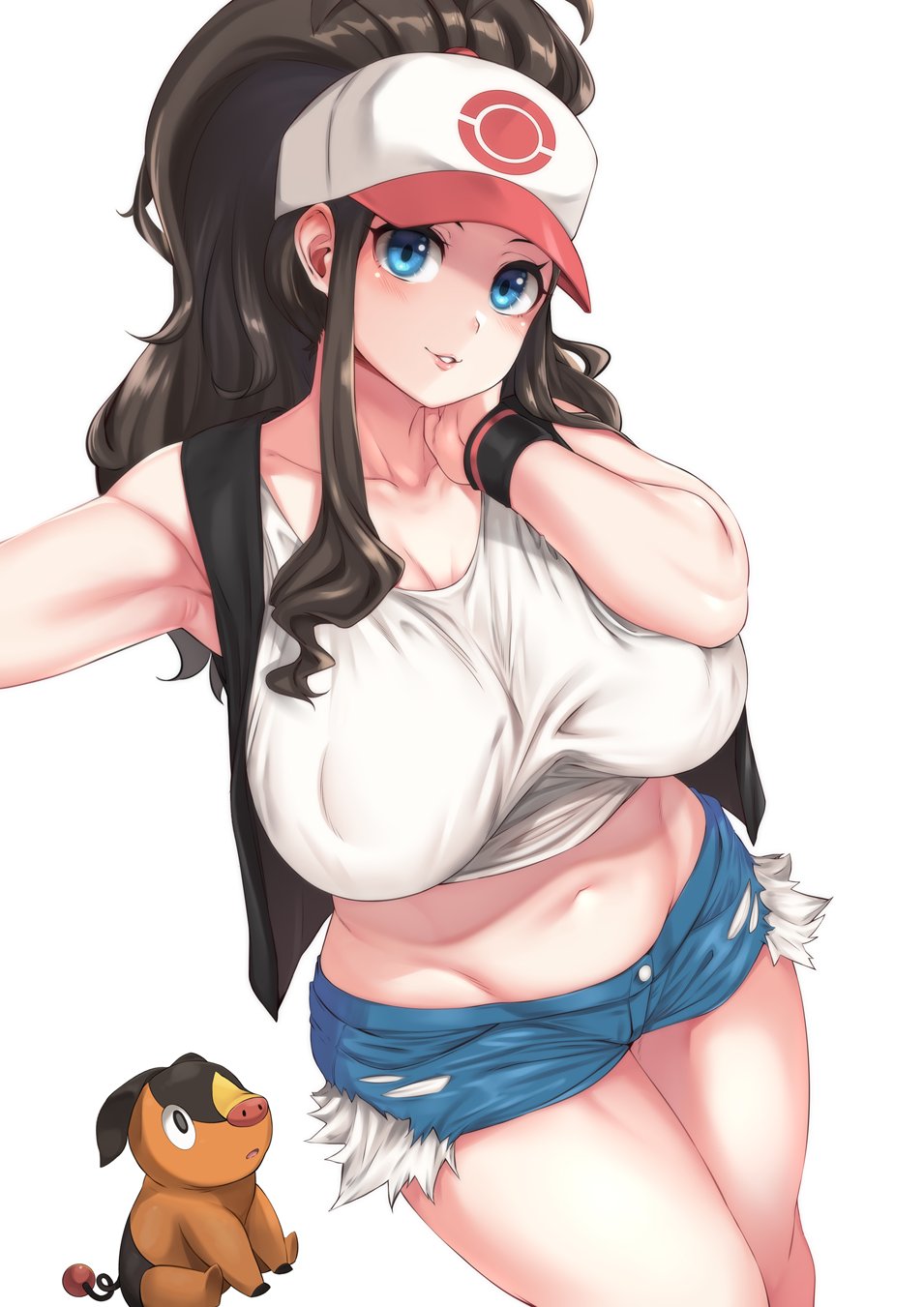 1girls, big breasts, breasts, cleavage, female, female only, hat, hilda (pokemon), human, large breasts, moisture (chichi), nintendo, nipple bulge, pokemon, pokemon bw, ponytail, shorts, solo, tank top, tepig