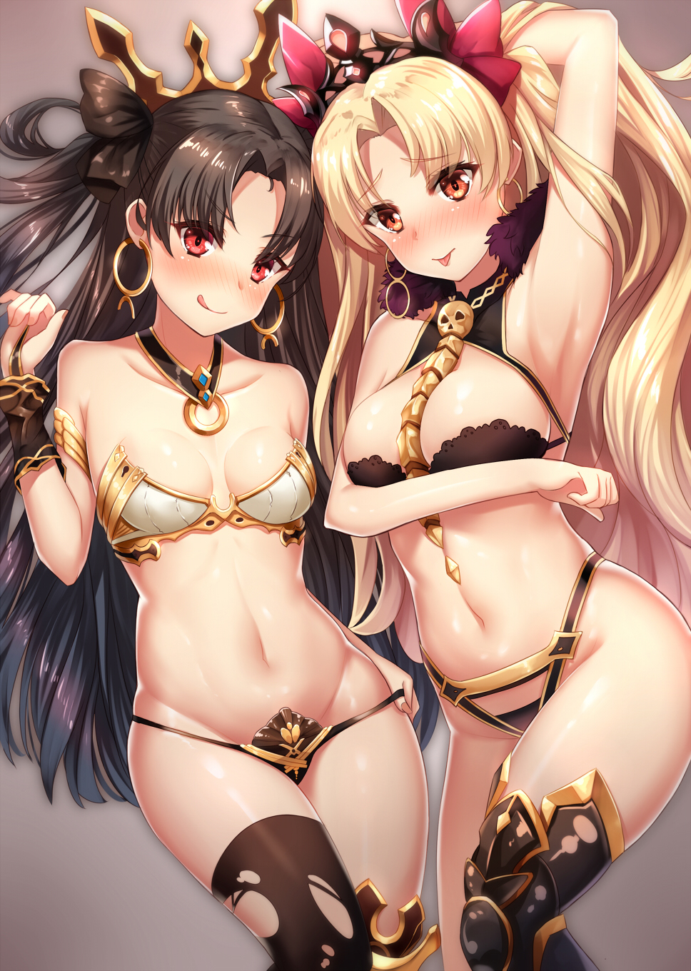 2girls :p :q adapted_costume armlet armor armpits arms_up asymmetrical_legwear bangs bare_arms bare_shoulders between_breasts bikini bikini_armor bikini_pull black_armor black_bikini black_bikini_bottom black_hair black_legwear black_ribbon black_swimsuit blonde_hair blush breast_hold breasts brown_background clavicle crown detached_collar dual_persona earrings ereshkigal_(fate) eyebrows_visible_through_hair eyes_visible_through_hair fate/grand_order fate_(series) female female_only fingernails fur_collar groin hair_ornament hair_ribbon halter_top halterneck hand_up high_resolution highleg highleg_bikini highleg_swimsuit hoop_earrings ishtar_(fate) jewelry large_breasts long_hair looking_at_viewer lowleg lowleg_bikini multiple_girls naughty_face navel nose_blush one_arm_up orange_eyes parted_bangs pupupu_(1053378452) red_eyes red_ribbon ribbon shiny shiny_hair shiny_skin siblings single_greave single_thighhigh sisters skull small_breasts smile spine standing stomach strapless strapless_bikini strapless_swimsuit swimsuit thighhighs thighs tiara tongue tongue_out torn_clothes torn_legwear torn_thighhighs two_side_up v-shaped_eyebrows very_long_hair white_bikini_top wrist_cuffs