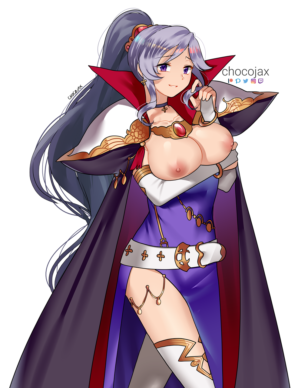 1girls areolae armor artist_name bangs bare_breasts bare_legs belt black_cape bracelet breasts breasts_out cape chocojax choker cleavage commission cross detached_sleeves dress earrings elbow_gloves eyebrows_behind_hair female female_only fire_emblem fire_emblem:_genealogy_of_the_holy_war gloves hair_behind_ear highres ishtar_(fire_emblem) jewelry large_breasts long_hair looking_at_viewer nintendo nipples pauldrons pelvic_curtain playing_with_hair ponytail purple_eyes purple_hair shoulder_armor side_slit smile solo thighhighs tied_hair very_long_hair white_gloves