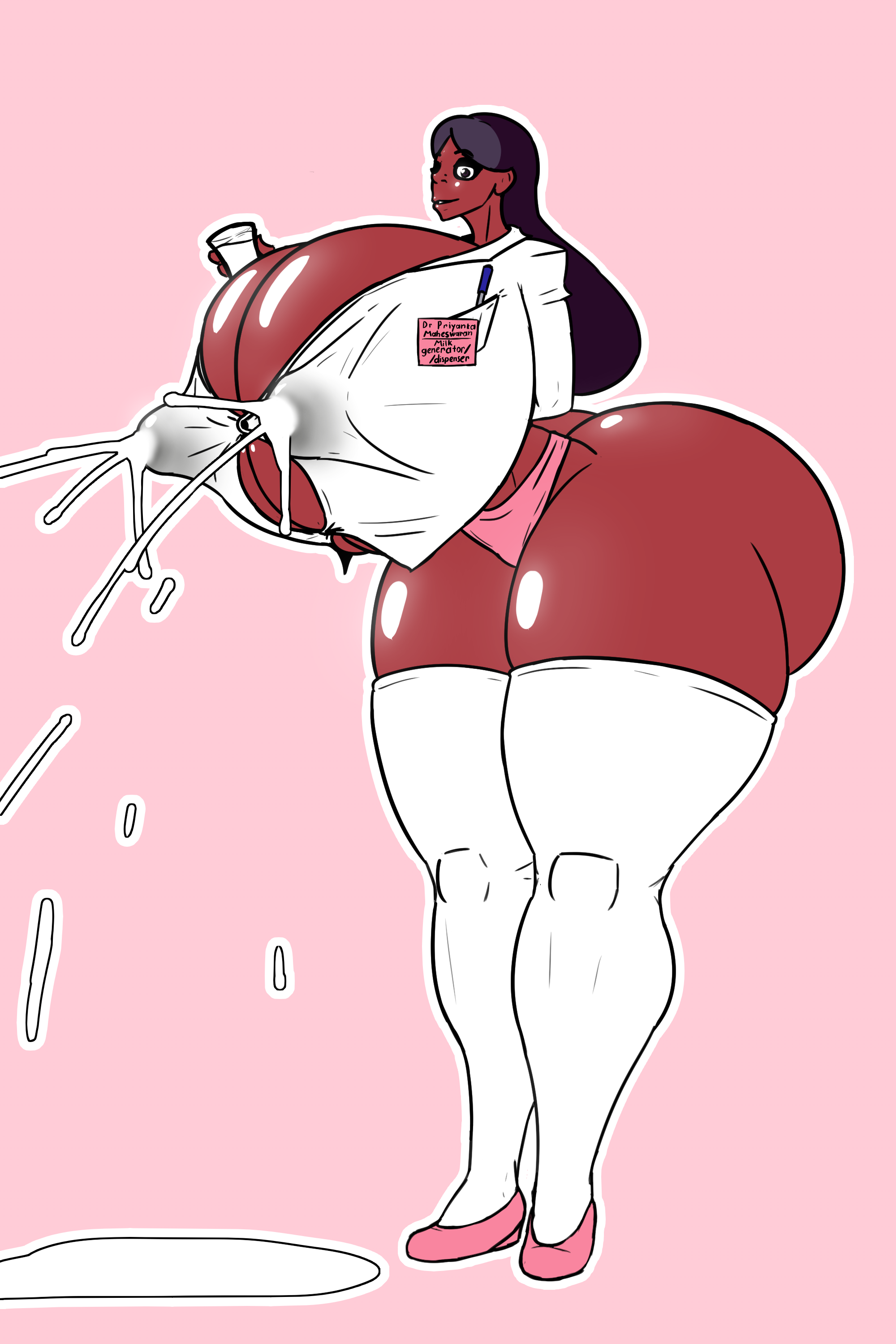 1girls, 2019, 5h4m3l355, absurd res, alternate ass size, alternate breast size, alternate outfit, ass, badge, big ass, big breasts, black hair, boob window, breasts, bursting breasts, cartoon network, clothed female, cup, dark skin, dark-skinned female, erect nipples, erect nipples under clothes, excessive breast milk, excessive lactation, eyebrows, eyebrows visible through hair, female, gigantic breasts, hi res, holding cup, holding object, huge ass, huge breasts, hyper, hyper breasts, lactating, lactating nipples, lactating through clothing, lactation, lactation through clothes, lactation without expressing, large ass, large breasts, looking at viewer, milf, milk in cup, milk spray, milk squirt, nipples, no bra, nurse, nurse uniform, panties, partially clothed female, pink background, pink panties, plastic cup, priyanka maheswaran, purple eyes, sideass, smile, smiling at viewer, squirting, squirting milk, steven universe, thick thighs, thighs, tight clothes, tight clothing, tight fit, underboob, white outline, white stockings, wide hips