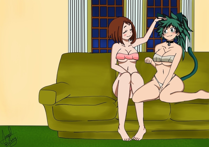 2girls adult_swim angelbunny blush bra brown_hair cat_ears cat_tail catgirl closed_eyes collar commission couch cute female_deku genderswap genderswap_(mtf) green_hair happy head_pat indoors izuku_midoriya my_hero_academia nekomimi night ochako_uraraka open_eyes panties petting resized rule_63 sitting smiling toonami wholesome window yuri