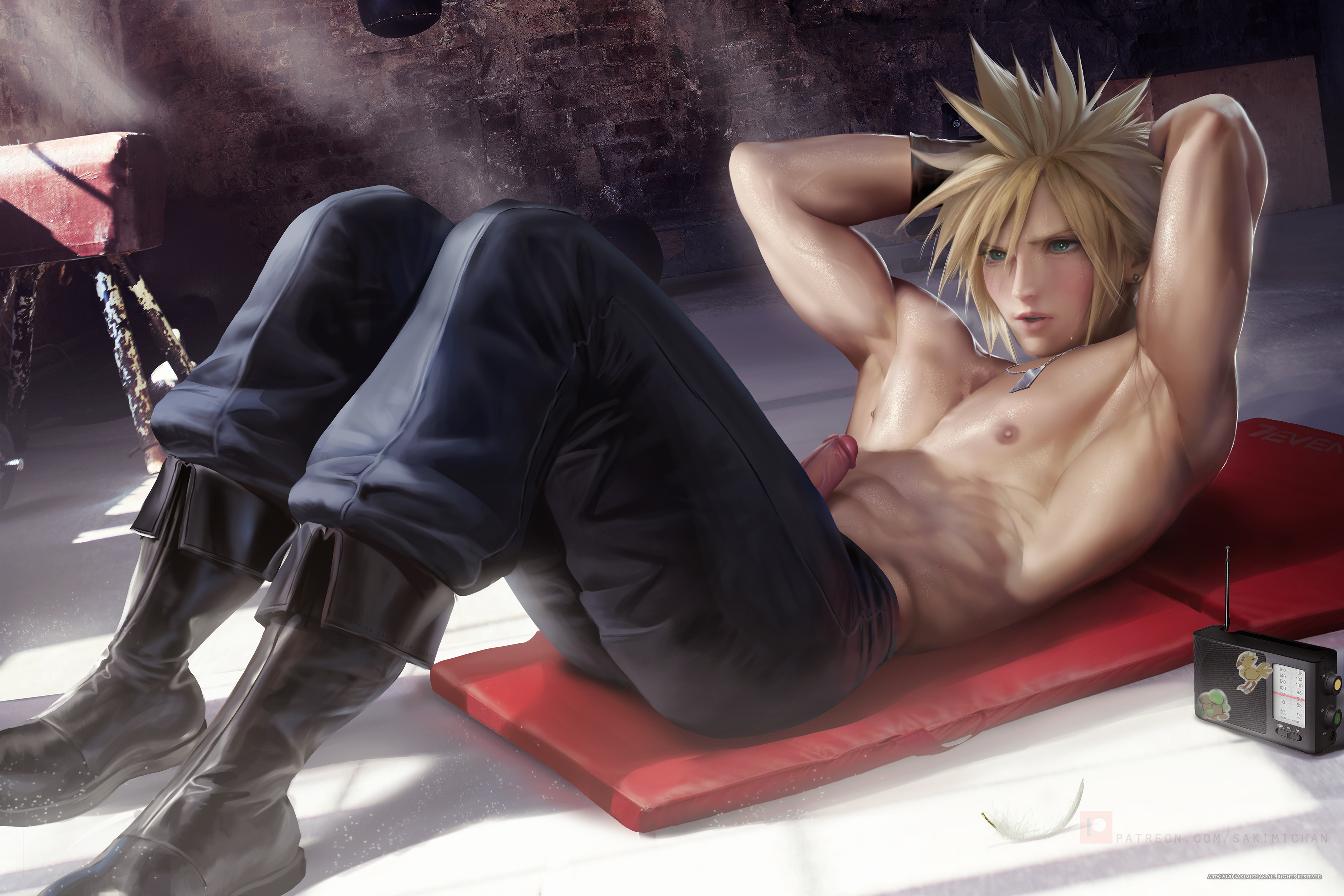 blonde hair, cloud strife, dick, final fantasy, final fantasy vii, green eyes, male, male focus, male only, penis, penis out, pinup, sakimichan, shirtless, solo, solo focus