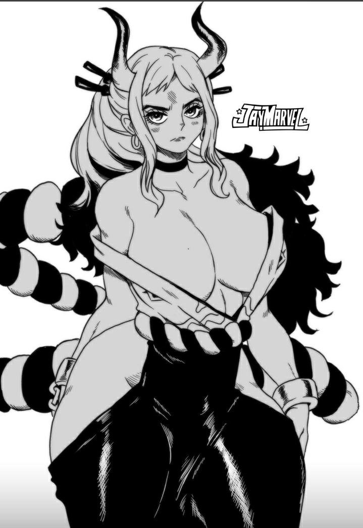 1girls big_ass big_breasts breasts choker clothed clothing covered_breasts curvy demon ear_piercing earrings female female_focus female_only hi_res highres hoop_earrings horned_humanoid horns humanoid jay-marvel light-skinned_female light_skin long_hair monochrome one_piece oni oni_horns revealing_clothes simple_background solo thick_thighs white_background wide_hips yamato_(one_piece) yokai