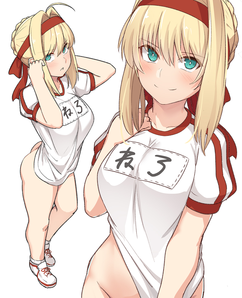 big breasts, blonde hair, bottomless, breasts, fate (series), fate/grand order, female, nero claudius (fate), nero claudius (olympian bloomers), shirt, shiseki hirame