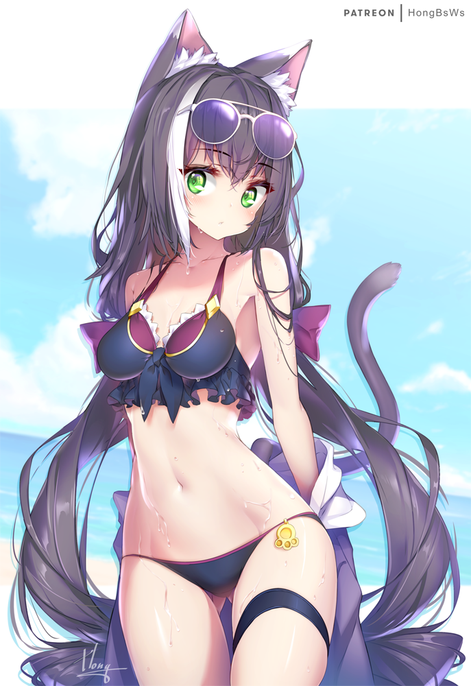 1girls animal_ear_fluff animal_ears artist_name bangs bare_shoulders beach bikini black_bikini black_hair black_swimsuit blue_sky blush breasts cat_ears cat_girl cat_tail closed_mouth cloud cute dark_purple_hair day eyebrows_visible_through_hair eyewear_on_head female female_only fringe front-tie_bikini front-tie_top gluteal_fold green_eyes groin hair_between_eyes hong_(white_spider) horizon horny jacket karyl_(princess_connect!) kyaru_(princess_connect) long_hair looking_at_viewer low_twintails medium_breasts multicolored_hair navel nekomimi ocean pale_skin princess_connect! princess_connect!_re:dive purple_jacket raised_tail signature skinny sky solo streaked_hair sunglasses swimsuit tail teenager thigh_gap thigh_strap tied_hair twintails undressing vastaya water wet wet_hair white_hair