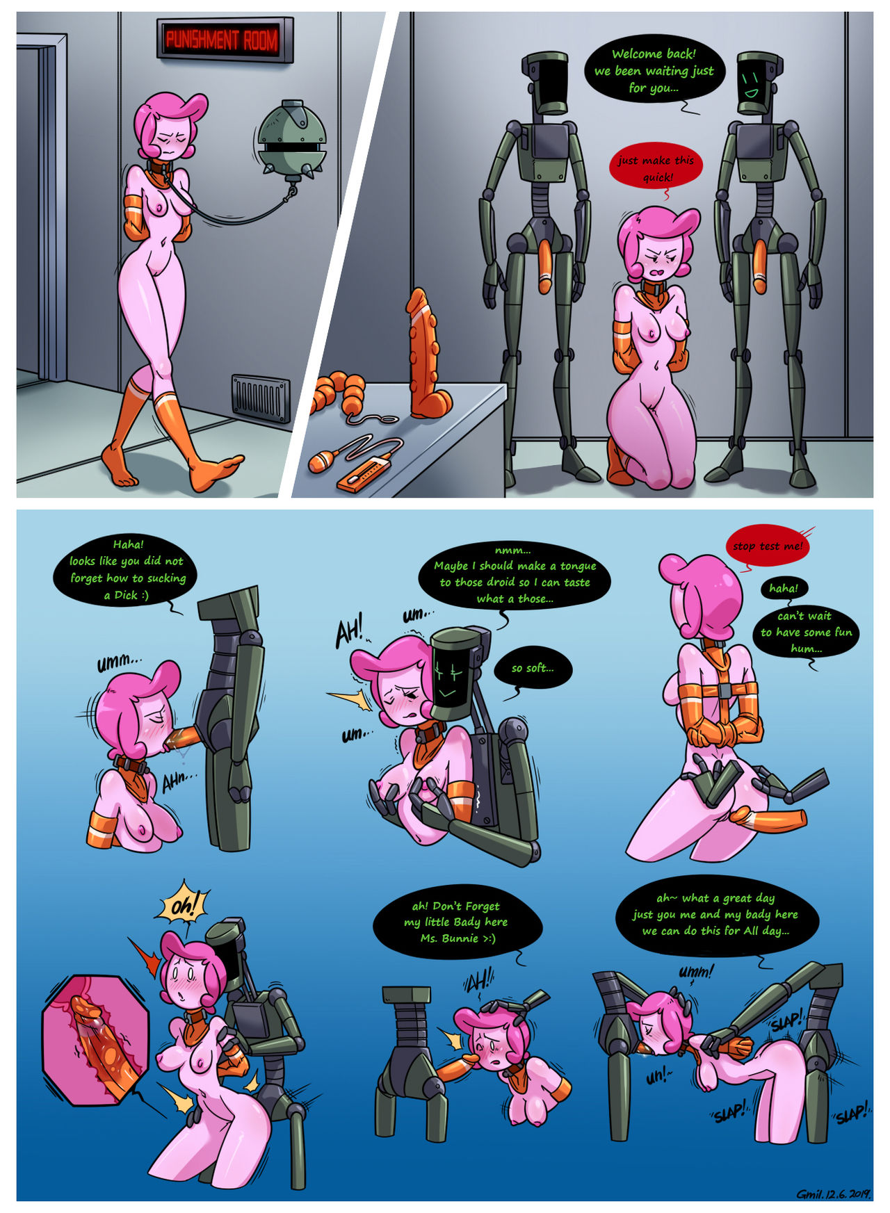 adventure time, bondage, bound, collar, english text, female, femsub, forced, forced oral, gmil, leash, male, orange penis, penis, pink hair, pink skin, posture collar, princess bubblegum, prison uniform, rape, robot, text