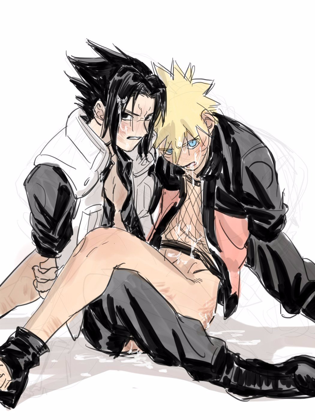 2boys, after rape, after sex, ass, black eyes, black hair, blonde hair, blue eyes, blush, clothing, cum, cum drip, cum in ass, cum in mouth, cum inside, cum on body, cum on face, cum on hair, cumdrip, dripping cum, fully clothed, gay, gritted teeth, jacket, legs up, looking at viewer, male, male only, naruto, naruto (series), naruto shippuden, no panties, open clothes, open shirt, ripped clothing, sasuke uchiha, shuxiaosha, uzumaki naruto, whisker markings, yaoi