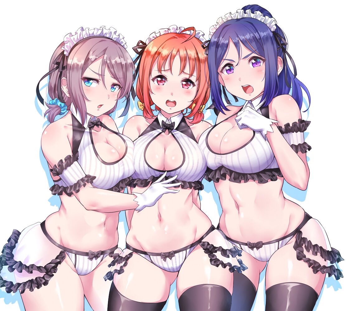 3girls ahoge arms_behind_back bangs bare_shoulders black_legwear black_thighhighs blue_eyes blue_hair blush bow bow_panties bowtie bra breasts cleavage cleavage_cutout collar female frilled_bra frilled_panties frilled_underwear frills gloves grey_hair hair_ornament hair_ribbon headdress kanabun keyhole_bra large_breasts lingerie long_hair looking_at_viewer love_live! love_live!_sunshine!! maid_headdress matsuura_kanan multiple_girls navel one_arm_up open_mouth orange_hair pantsu ponytail purple_eyes red_eyes ribbon short_hair simple_background skindentation standing striped striped_panties striped_underwear takami_chika thighhighs thighs tied_hair underwear underwear_only watanabe_you white_background white_gloves white_panties white_underwear wide_hips