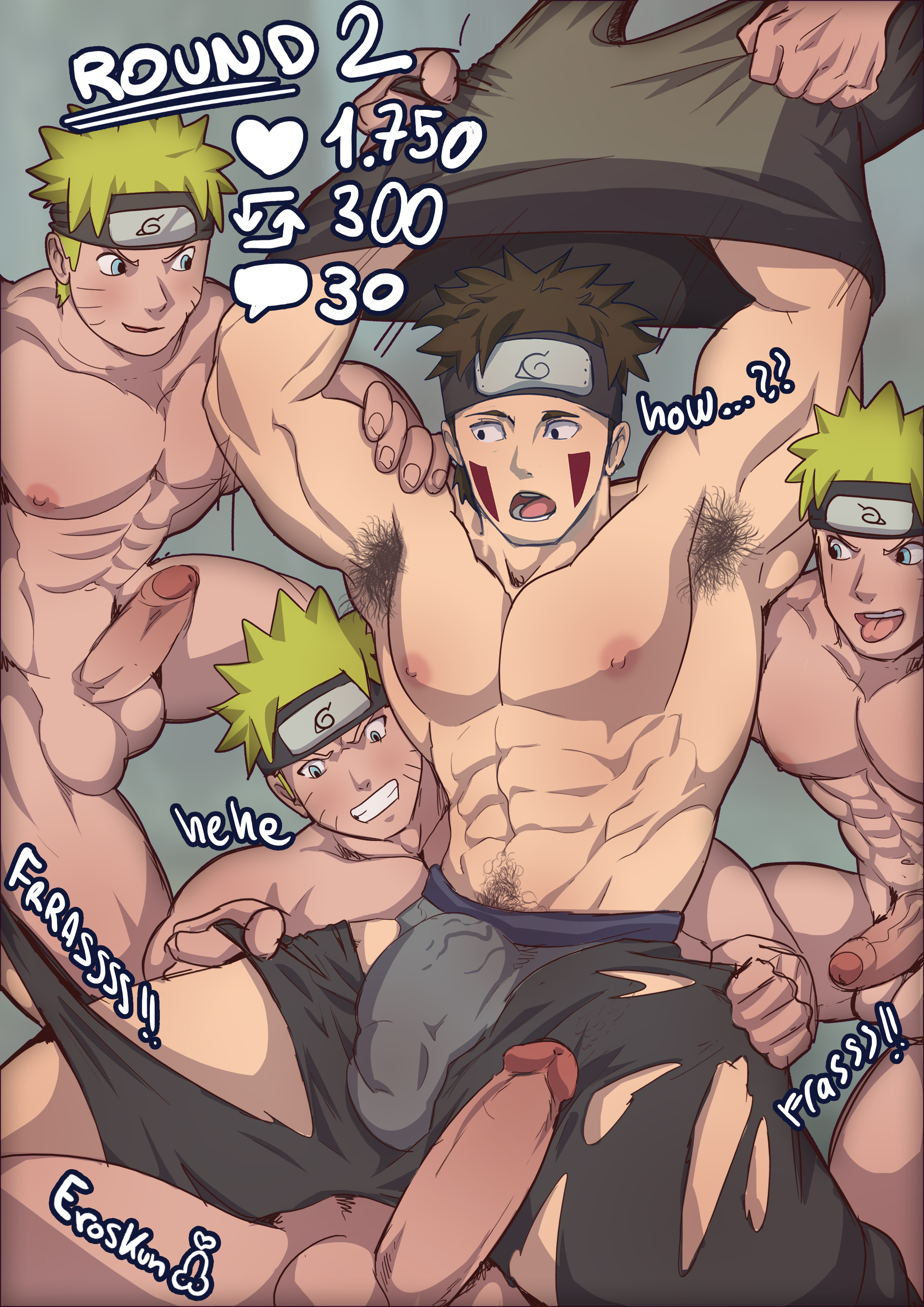 4boys, abs, armpit hair, armpits, arms behind head, balls, bara, big penis, black eyes, blonde hair, blue eyes, boner, brown hair, bulge, erection, eroskun, facepaint, forehead protector, gangbang, gay, grin, group, group sex, headband, inuzuka kiba, large penis, male, male only, male/male, multiple boys, multiple males, muscles, muscular, muscular male, naked, naruto, naruto (series), naruto shippuden, nipples, nude, nude male, orgy, pecs, penis, reverse cowgirl position, ripped clothing, sitting, sitting on penis, sitting on person, straddling, teeth, testicles, tongue, tongue out, topless, uncensored, undressing, uzumaki naruto, whisker markings, whiskers, yaoi