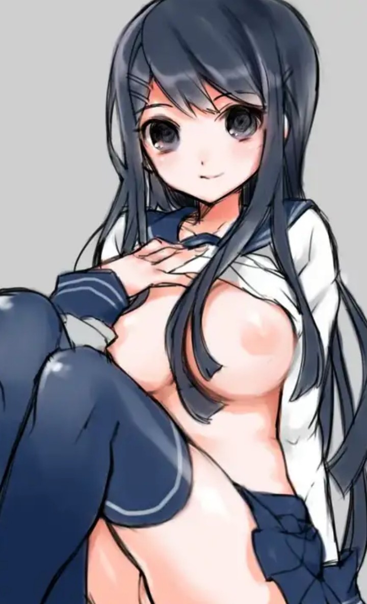 1girls, black hair, blue eyes, blue hair, breasts, clothing, cute, danganronpa, female, hairclip, legs together, long hair, maizono sayaka, medium breasts, pink nipples, pussy, school uniform, shirt, shirt lift, simple background, skirt, smile, straight hair, thighhighs, uwu