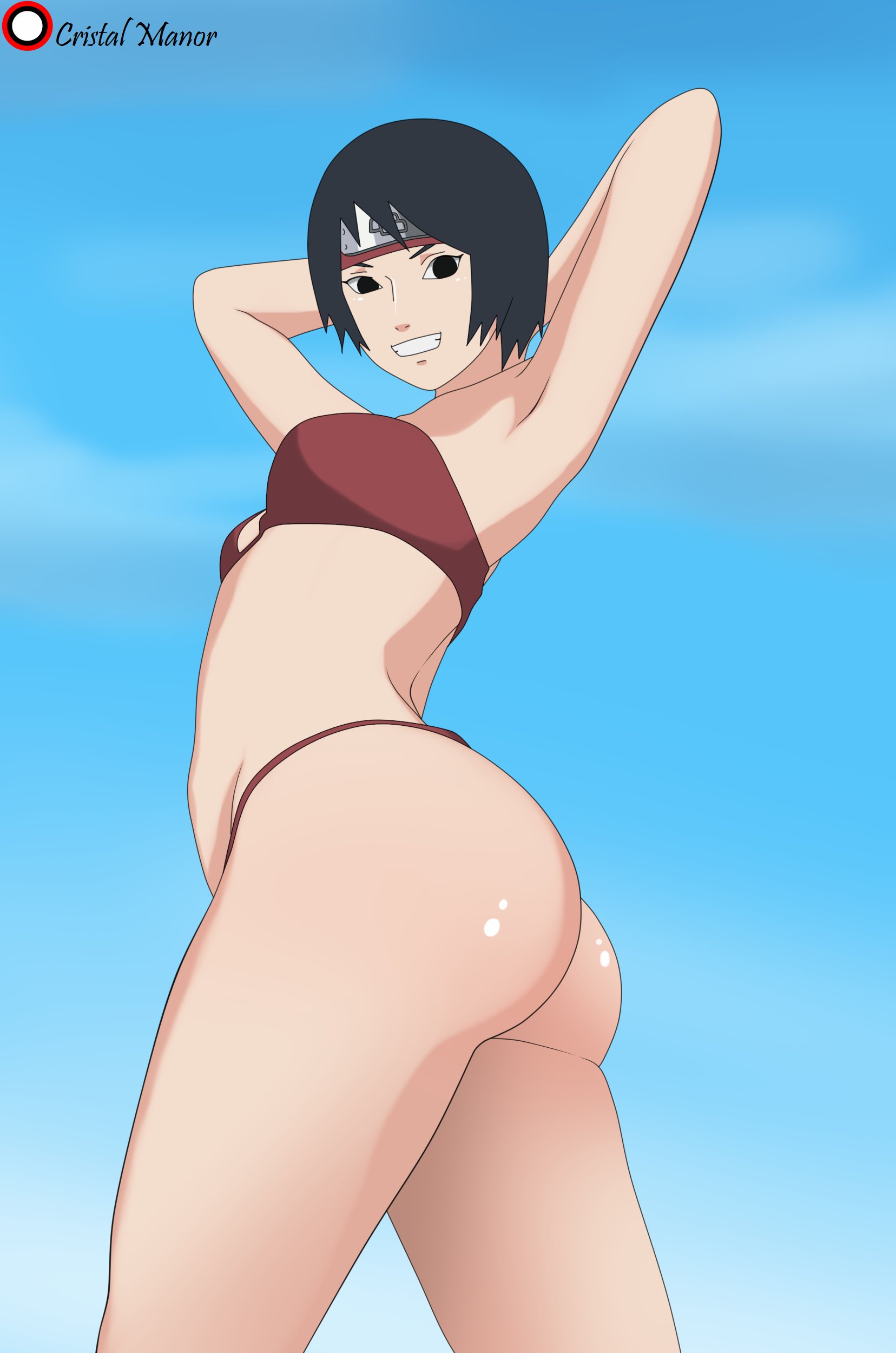 1girls, armpit, arms behind head, arms up, ass, bare shoulders, bikini, black eyes, black hair, breasts, cristalmanor, female, female only, forehead protector, kurotsuchi, looking at viewer, naruto, naruto (series), naruto shippuden, smile