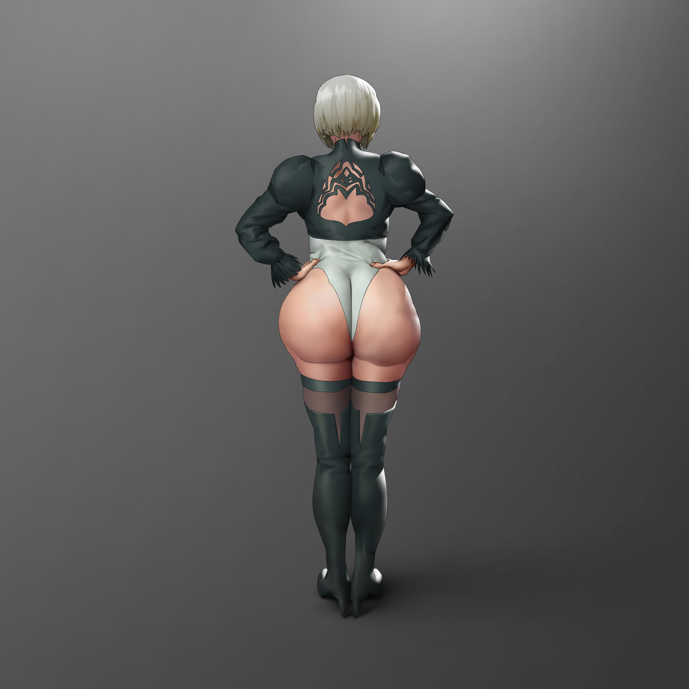 1girls, ass, ass focus, big ass, big butt, curvy, fat, fat ass, female, from behind, gradient background, hands on hips, huge ass, huge butt, large ass, leotard, nier: automata, olivier bisson, shiny hair, short hair, solo, standing, thick thighs, wide hips, yorha 2b