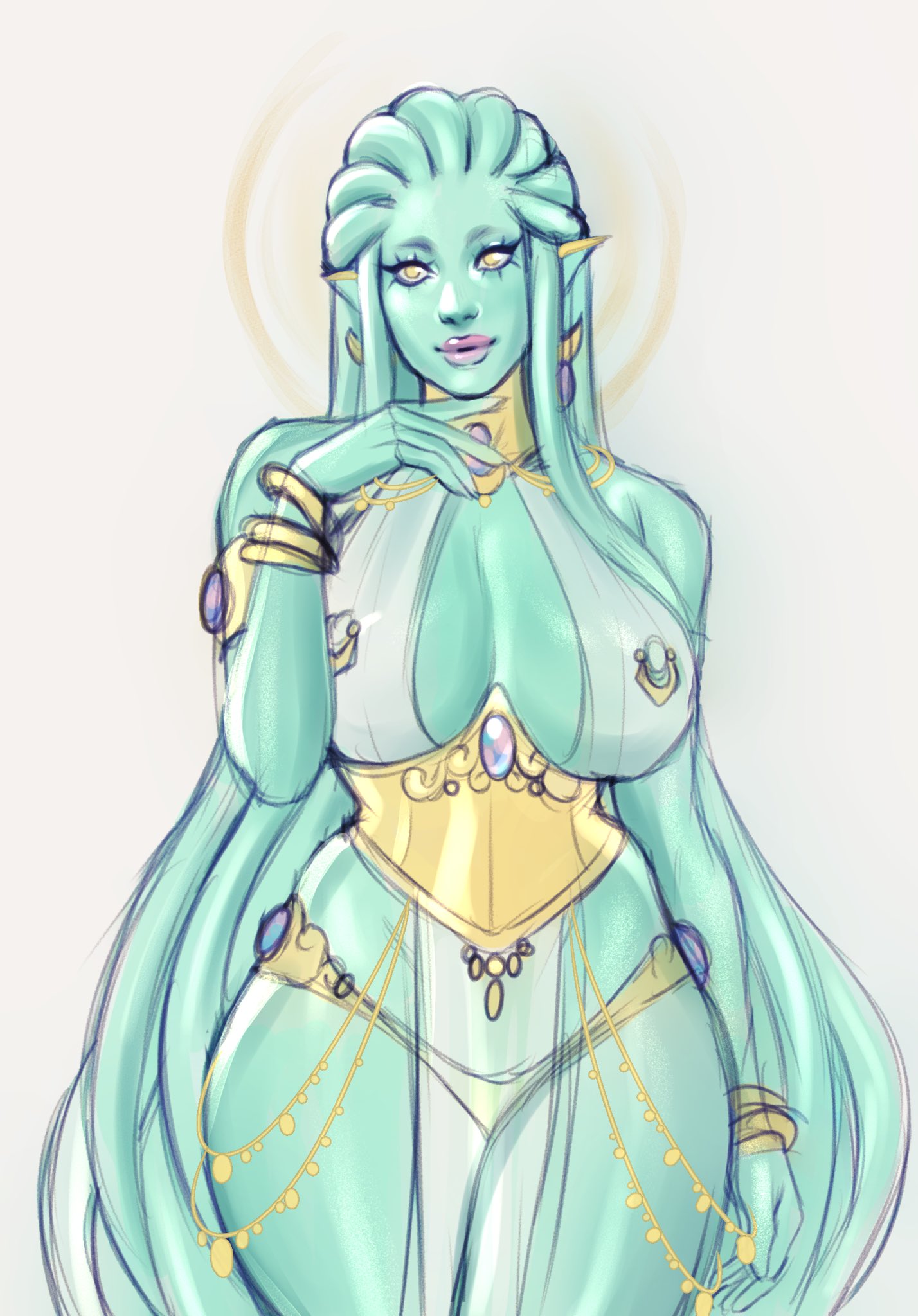 1girls, akira raikou, alien, alien girl, cleavage, corset, female, green skin, lips, long hair, looking at viewer, pose, see-through, solo, thick thighs, wide hips