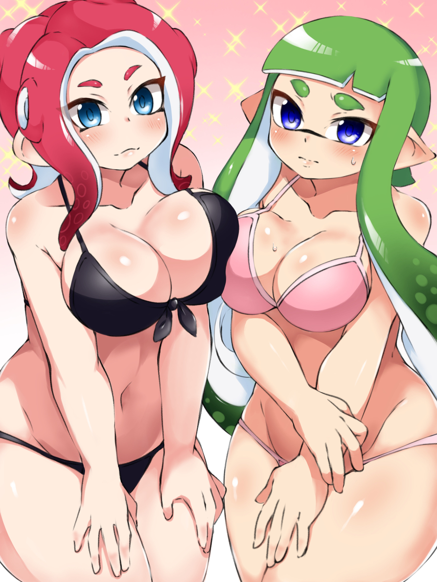 2girls agent_3_(splatoon) agent_8_(splatoon) big_breasts big_thighs bikini black_bikini blue_eyes blush blushing_at_viewer breasts curvy cute female female_only front-tie_bikini green_hair inkling inkling_girl light-skinned_female light_skin lips looking_at_viewer nintendo octoling octoling_girl pengin_maru pink_bikini pink_hair pointy_ears round_ears shy splatoon splatoon_2 splatoon_2:_octo_expansion tentacle_hair thick thick_hips thick_thighs thighs wide_hips