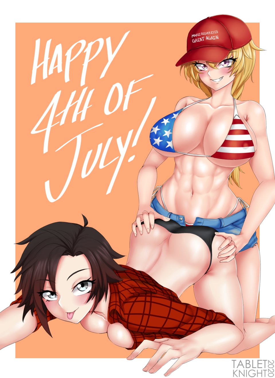 4th of july, abs, american flag, american flag bikini, big breasts, blonde hair, breasts, female, incest, politics, purple eyes, red hair, ruby rose, rwby, short hair, siblings, signature, silver eyes, sister, sisters, tabletknight, text, yang xiao long, yuri