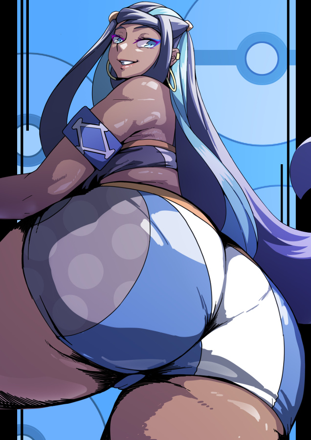 1girls ass big_ass blue_eyes blue_hair bottom_heavy dark-skinned_female dark_skin earrings female female_only huge_ass huge_thighs human large_ass long_hair lowres nessa_(pokemon) nintendo pantylines pokemon pokemon_ss shorts solo thick_ass thick_thighs thighs tight_shorts two_tone_hair yu02j0