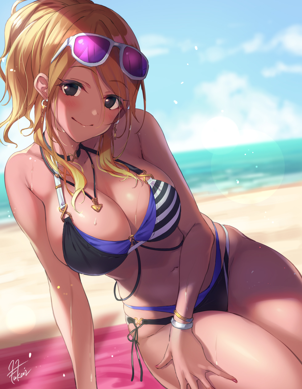 1girls bangs bare_shoulders beach big_breasts bikini black_bikini black_eyes blonde_hair blue_bikini blue_sky blush bracelet breasts brown_hair cleavage closed_mouth collarbone dark_skin earrings eyewear_on_head female_only fukai_ryousuke gradient_hair gyaru highres idolmaster idolmaster_shiny_colors izumi_mei jewelry large_breasts layered_bikini long_hair looking_at_viewer multicolored multicolored_bikini multicolored_clothes multicolored_hair navel necklace ponytail sidelocks sky smile sunglasses swimsuit thighs wet